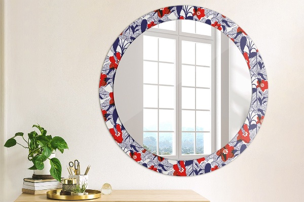 Round wall mirror decor Filodendron and red flowers