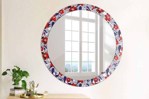 Round wall mirror decor Filodendron and red flowers
