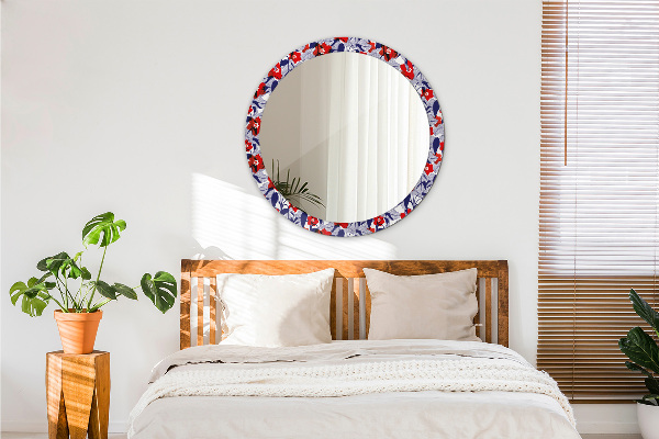 Round wall mirror decor Filodendron and red flowers