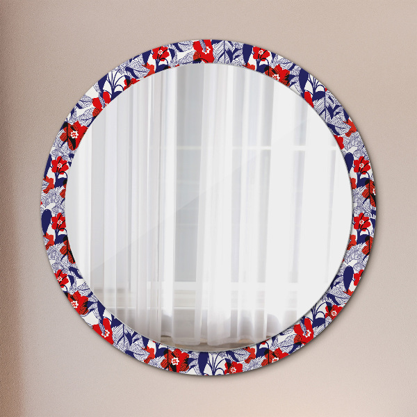 Round wall mirror decor Filodendron and red flowers