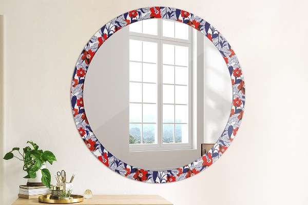 Round wall mirror decor Filodendron and red flowers