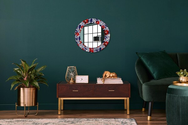 Round wall mirror decor Filodendron and red flowers