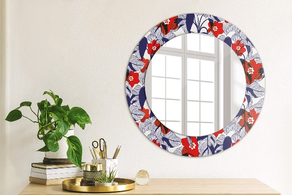Round wall mirror decor Filodendron and red flowers
