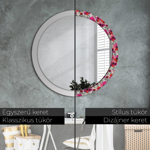 Round wall mirror decor Pink poppies