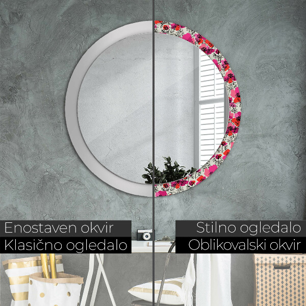 Round wall mirror decor Pink poppies