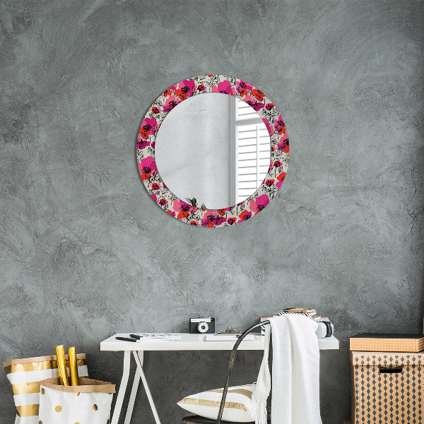 Round wall mirror decor Pink poppies
