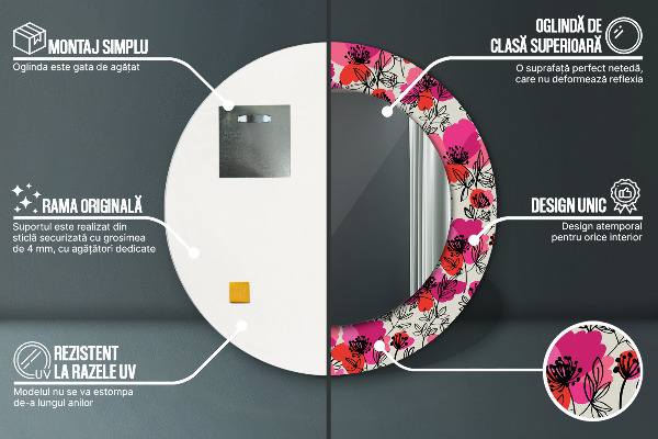 Round wall mirror decor Pink poppies