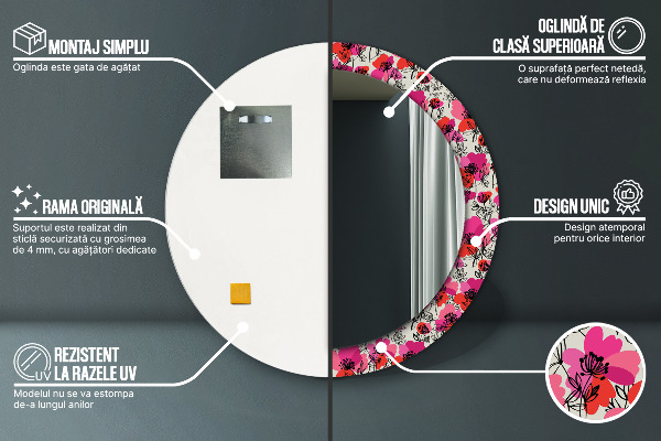 Round wall mirror decor Pink poppies