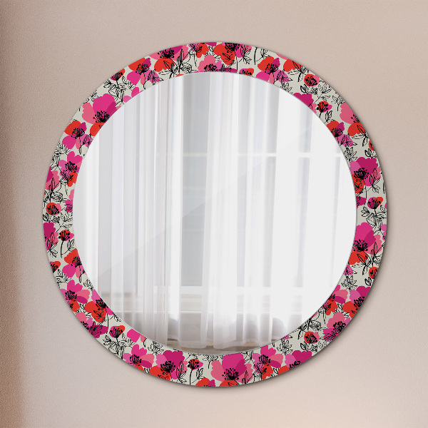 Round wall mirror decor Pink poppies