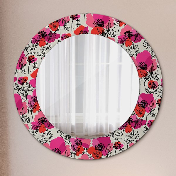 Round wall mirror decor Pink poppies