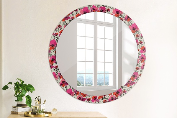 Round wall mirror decor Pink poppies