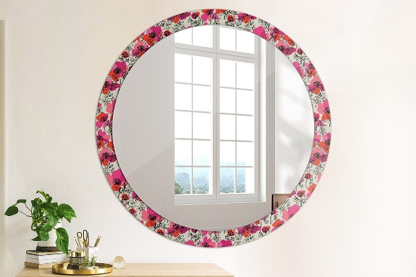 Round wall mirror decor Pink poppies