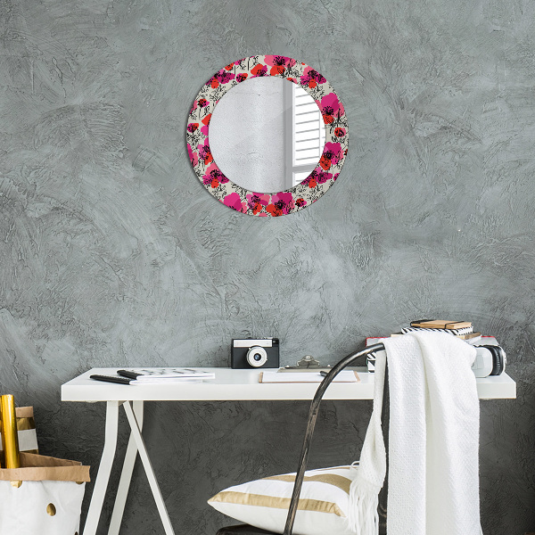 Round wall mirror decor Pink poppies