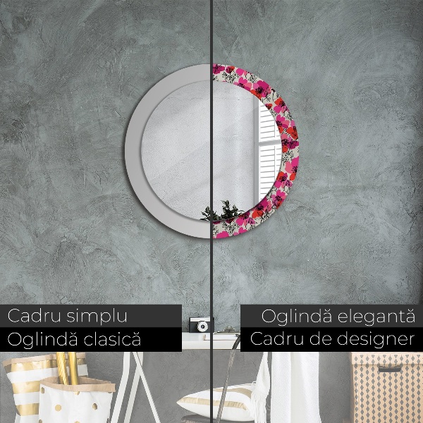 Round wall mirror decor Pink poppies