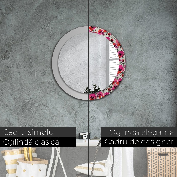 Round wall mirror decor Pink poppies