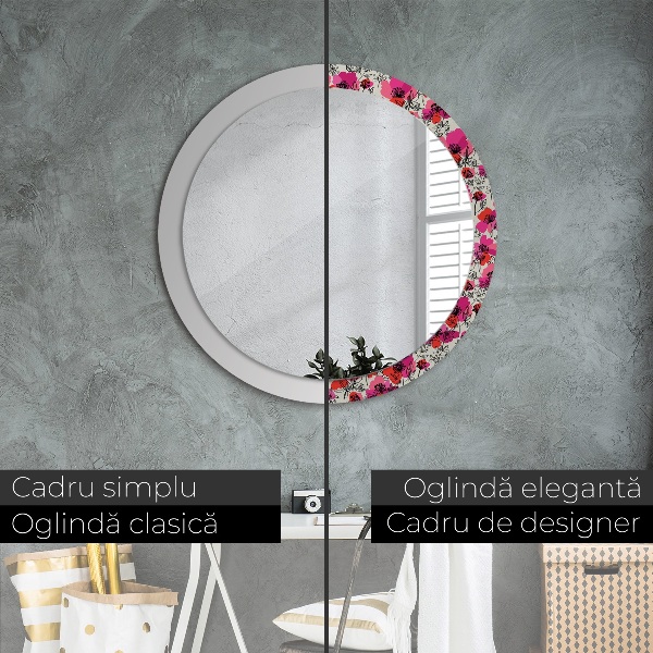 Round wall mirror decor Pink poppies