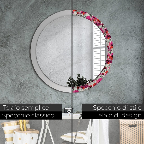 Round wall mirror decor Pink poppies