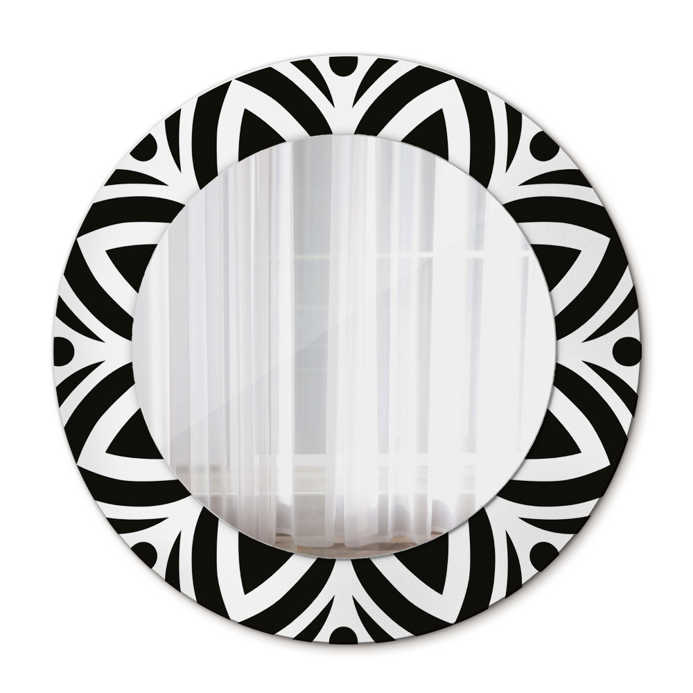 Round mirror frame with print Black geometric ornament