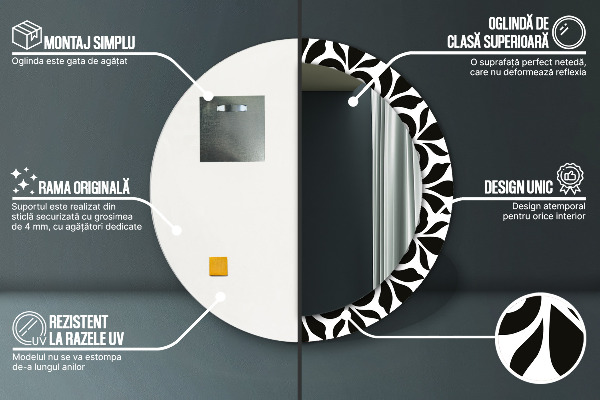 Round mirror frame with print Black geometric ornament