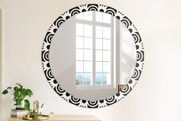 Round mirror frame with print Black geometric ornament