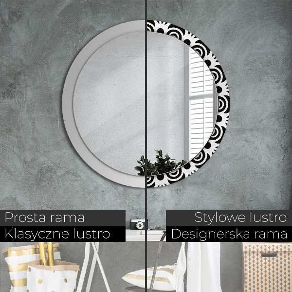 Round mirror frame with print Black geometric ornament