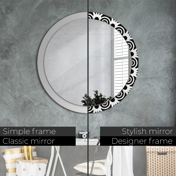 Round mirror frame with print Black geometric ornament