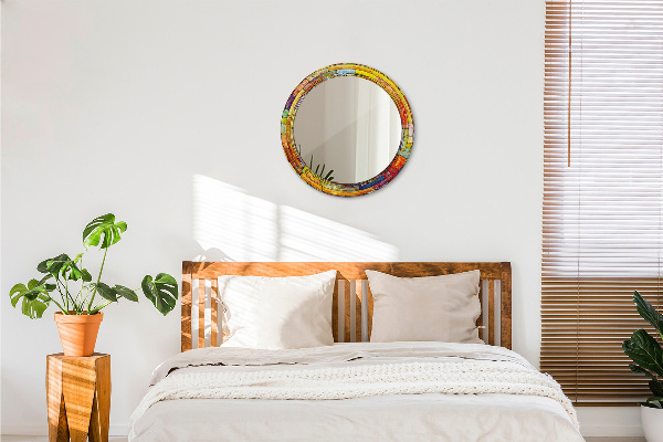 Round mirror frame with print Colored stained glass window
