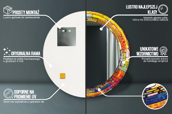 Round mirror frame with print Colored stained glass window