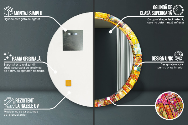 Round mirror frame with print Colored stained glass window