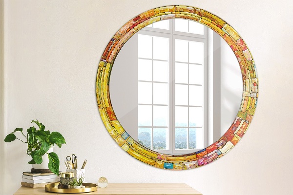 Round mirror frame with print Colored stained glass window