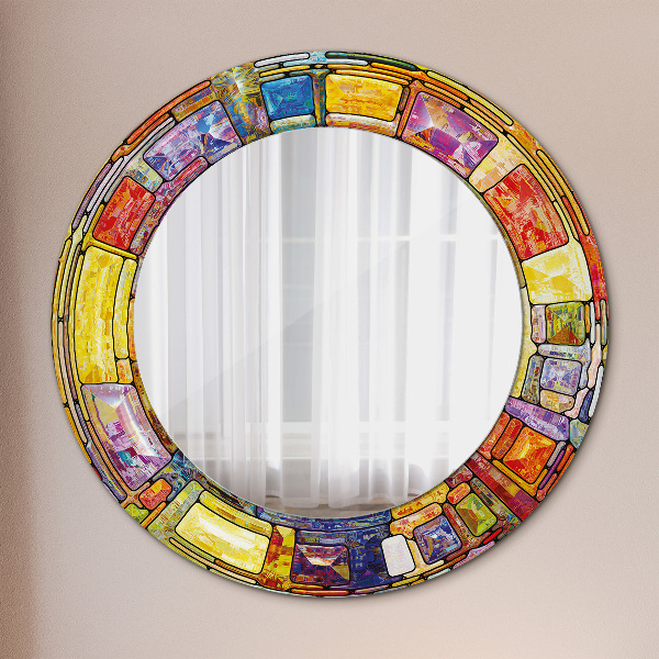 Round mirror frame with print Colored stained glass window