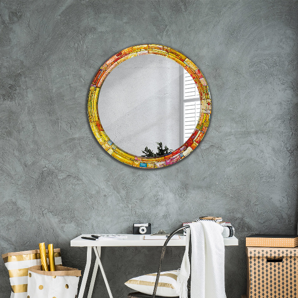 Round mirror frame with print Colored stained glass window