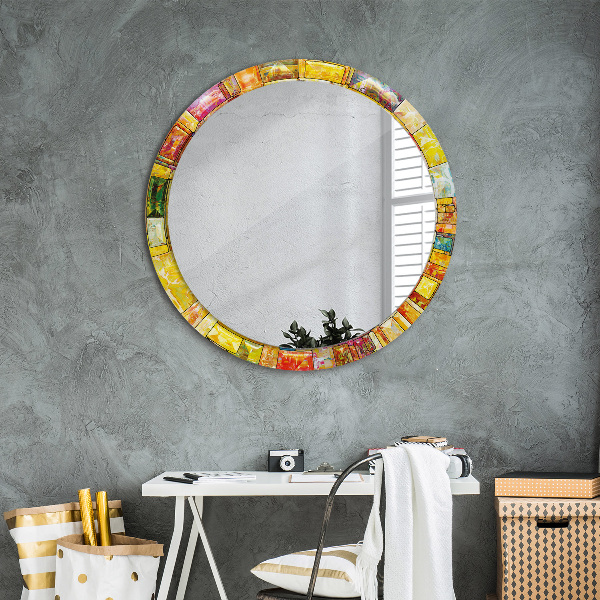 Round mirror frame with print Colored stained glass window