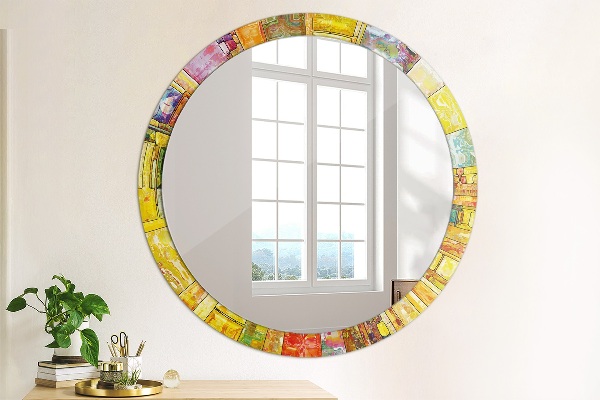 Round mirror frame with print Colored stained glass window