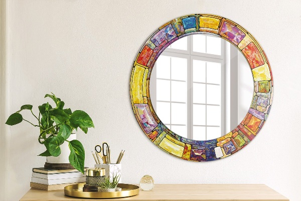 Round mirror frame with print Colored stained glass window
