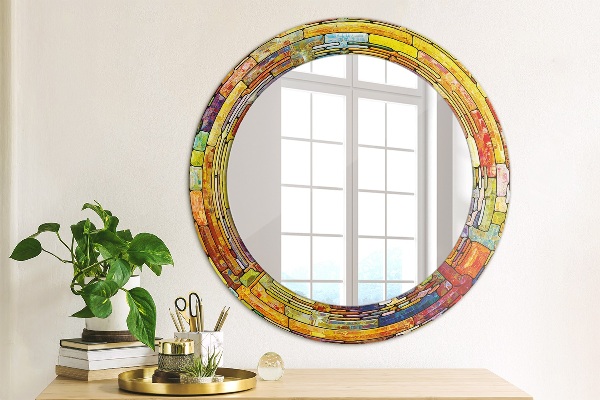 Round mirror frame with print Colored stained glass window