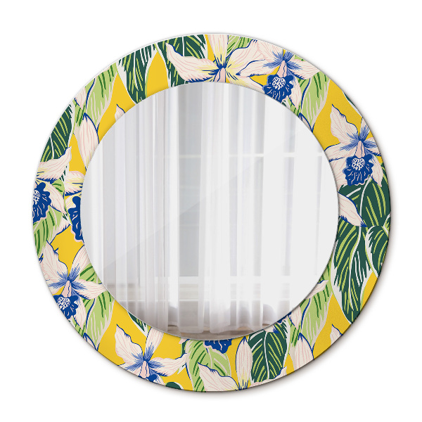 Round mirror frame with print Blue and yellow orchids