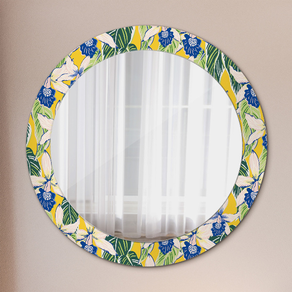 Round mirror frame with print Blue and yellow orchids