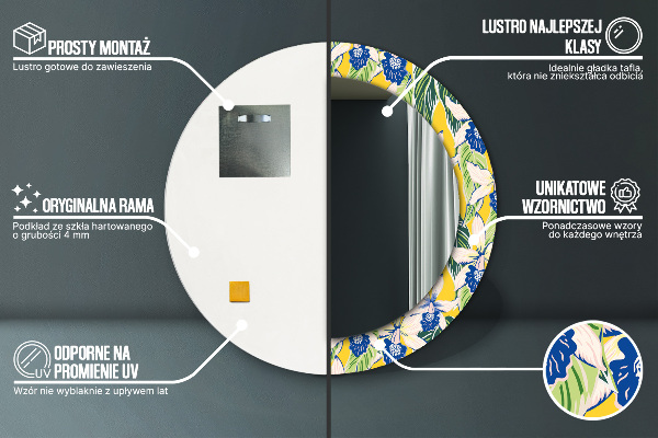 Round mirror frame with print Blue and yellow orchids