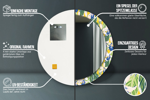 Round mirror frame with print Blue and yellow orchids
