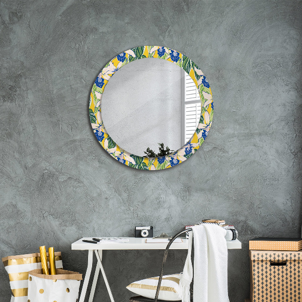 Round mirror frame with print Blue and yellow orchids