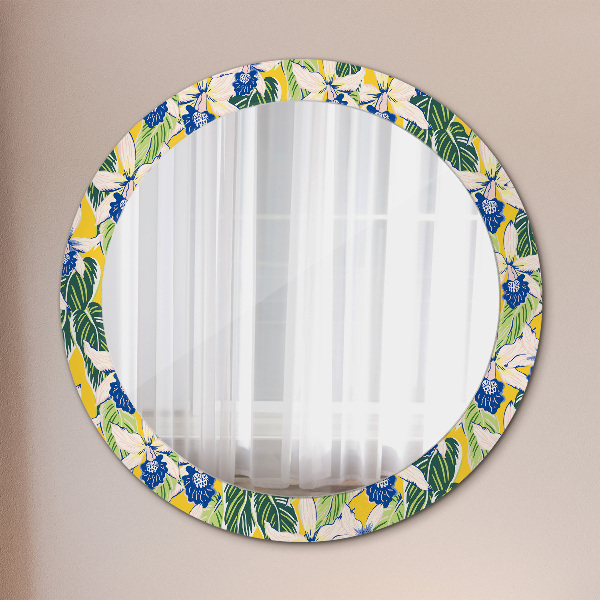 Round mirror frame with print Blue and yellow orchids