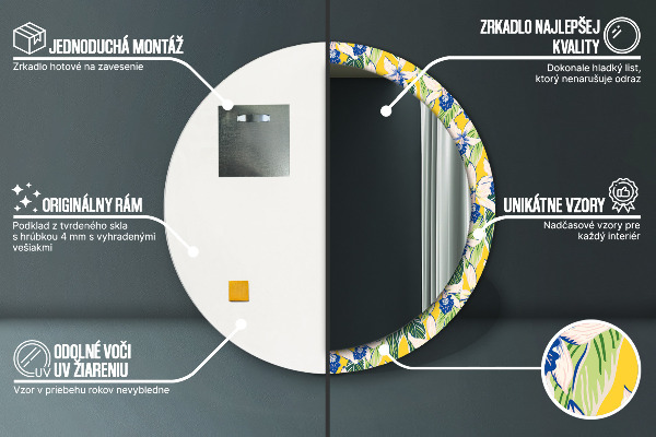 Round mirror frame with print Blue and yellow orchids