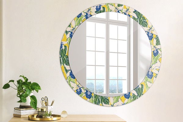 Round mirror frame with print Blue and yellow orchids