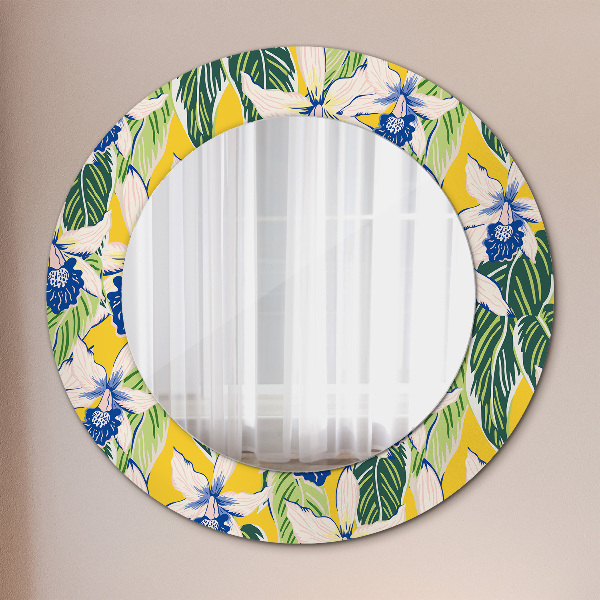Round mirror frame with print Blue and yellow orchids