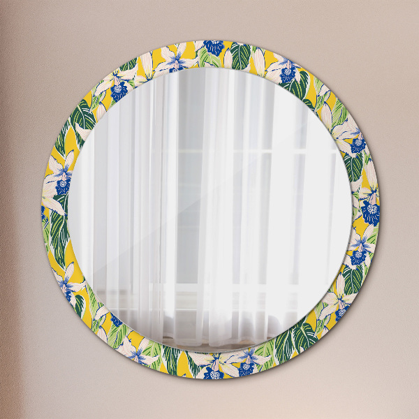 Round mirror frame with print Blue and yellow orchids