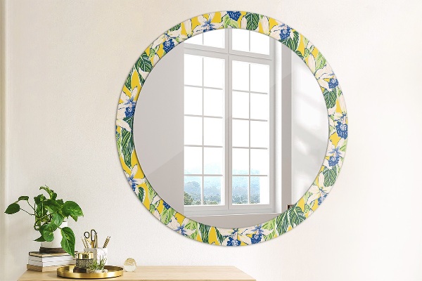 Round mirror frame with print Blue and yellow orchids