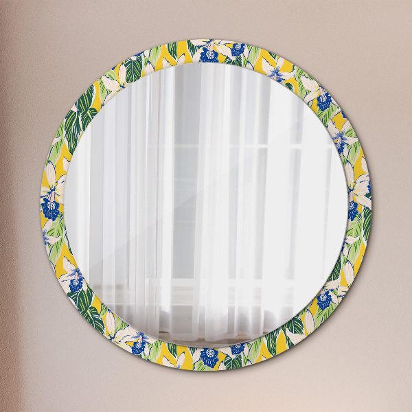 Round mirror frame with print Blue and yellow orchids