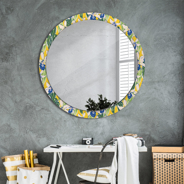 Round mirror frame with print Blue and yellow orchids