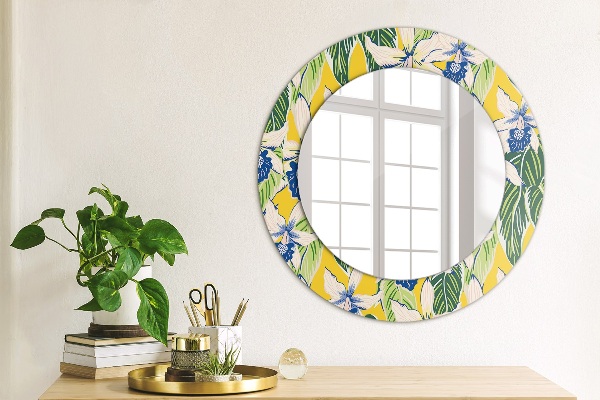 Round mirror frame with print Blue and yellow orchids